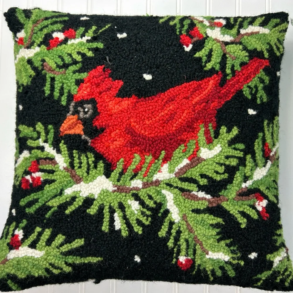 Pillow Cardinal Festive Hooked Throw Holiday Black Red Wool Velvet New Zealand